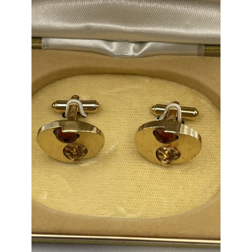 Vintage Gold Tone Textured Round Brown & Tan Crystal Encrusted Cuff Links New